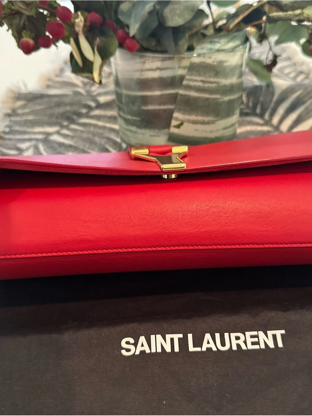 AUTHENTIC Saint Laurent Calfskin Red Leather Y-Closure Clutch with Gold Hardware